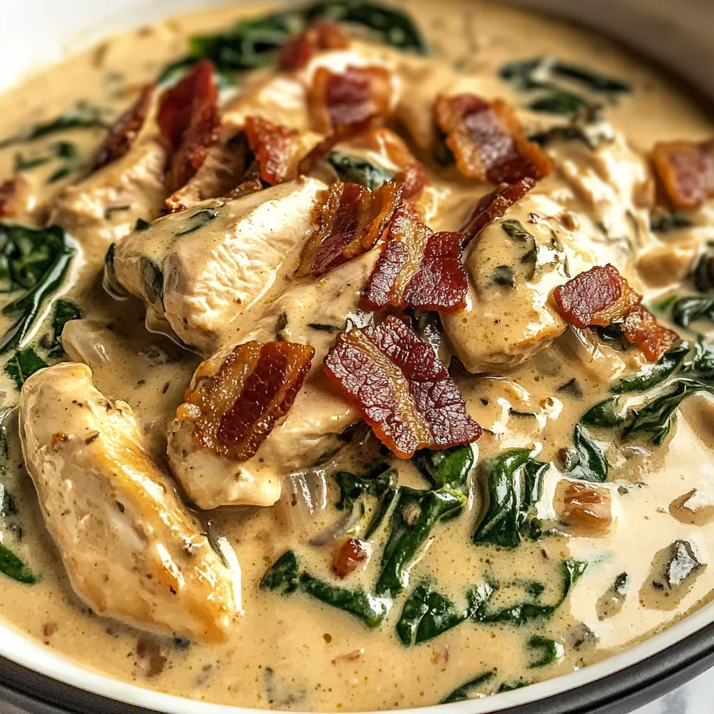 Creamy Chicken Stroganoff with Crispy Bacon and Wilted Spinach