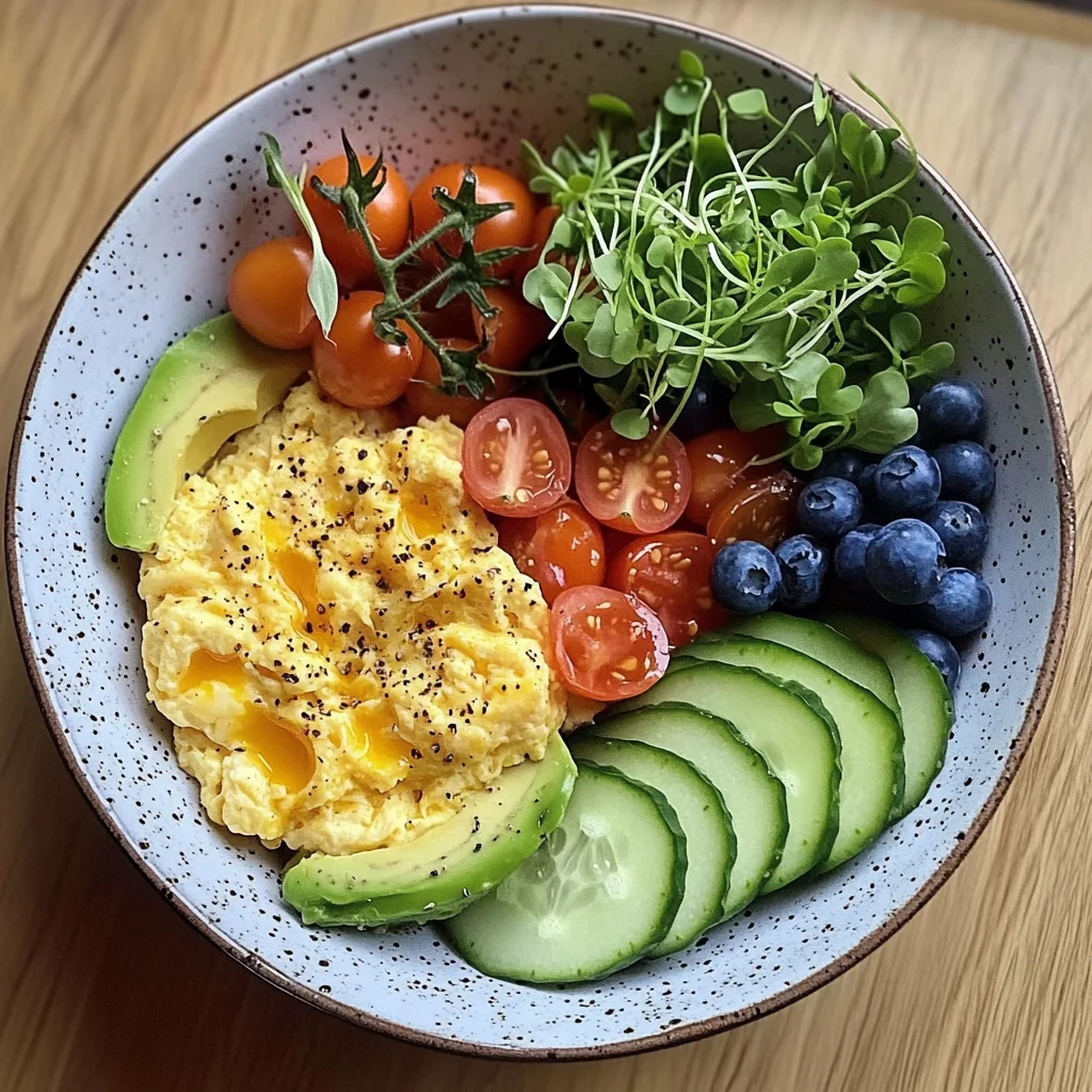 Creamy Scrambled Egg Bowl with Avocado, Microgreens & Veggies
