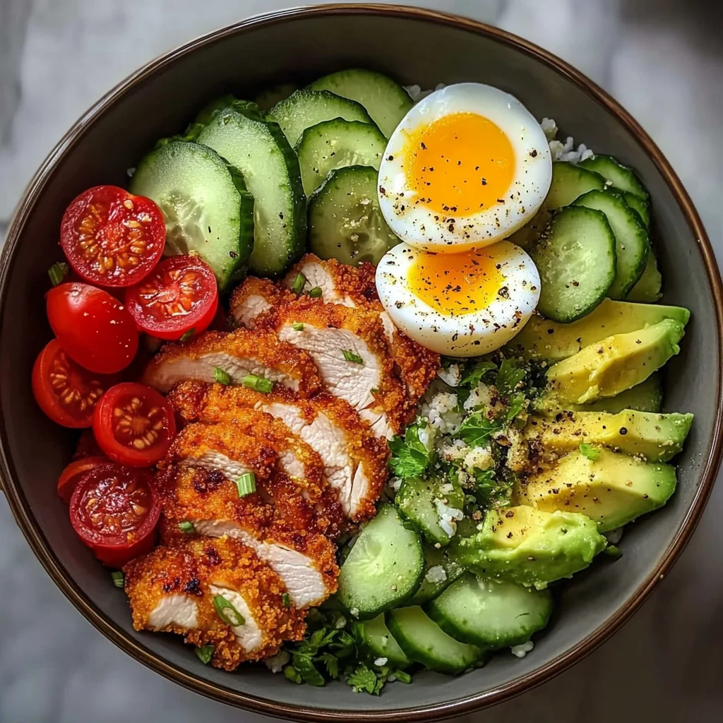 Crispy Chicken & Veggie Power Bowl with Avocado & Egg
